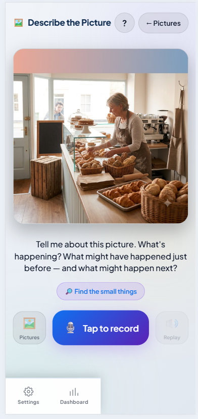 Describing a photograph out loud, with a single record button